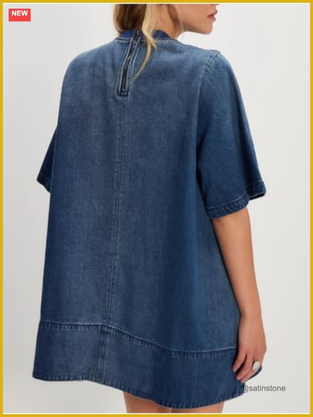 Short Sleeve Denim Dress Crew Neck Loose Fit Jean Mini Dress with Pockets - Picture 2 of 4